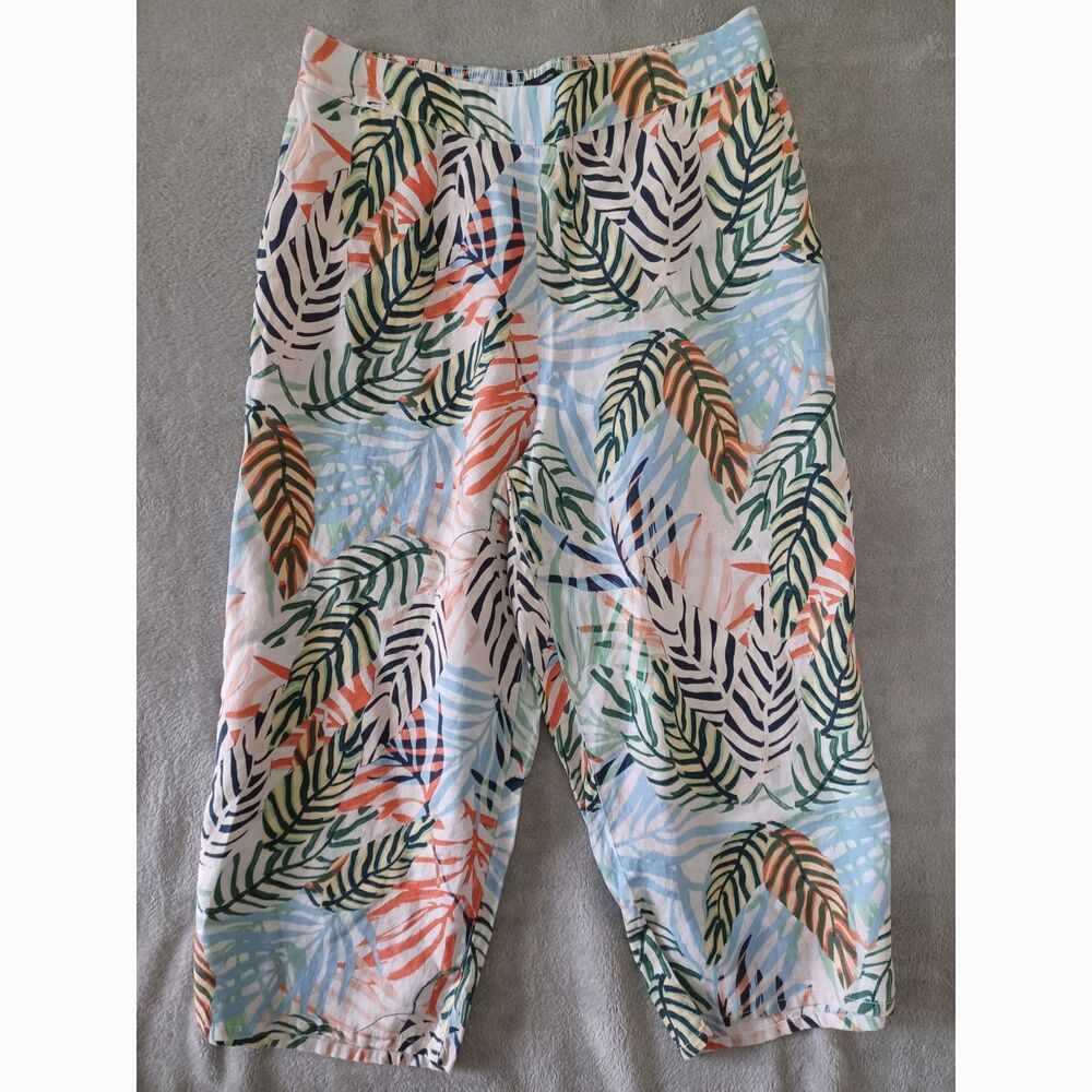 Tahari 1X 100% Linen Pants WideLeg Cropped PullOn Tropical Print Vacation Casual